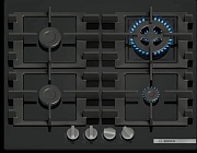 Поверхность газовая Bosch PNH6B6K40 (Serie4 / Чёрное стекло / Чугун. решетки / 4 конфорки (1,0/1,75/1,75/3,3кВт WOK) / Газ-контроль / Электроподжиг) чёрный