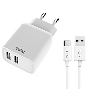 Сетевое зарядное устройство TFN WCRPD12W2U04 + кабель Type-C (2 USB+кабель USB Type-C/2.4A/12W/Smart IC) белое Белый