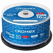 Диск DVD+R CROMEX, 4,7 Gb, 16x, Cake Box (упаковка на шпиле), КОМПЛЕКТ 50 шт., 513775 
