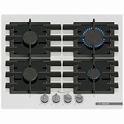 Поверхность газовая Bosch PPP6A2I40 (Serie6 / Белое стекло / чугун. решетки / 4 конфорки (1,75/1,0/1,75/3,0кВт) /FlameSelect/электроподжиг/ газконтр.) белый