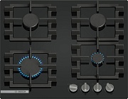 Поверхность газовая Bosch PNN6B6K40 (Serie4 / Чёрное стекло / чугун. решетки / 4 конфорки (1,75/1,0/1,75/3,0кВт) / электроподжиг/ газконтр.) Чёрный