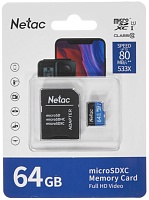 Память micro Secure Digital Card  64Gb class10 Netac / c адаптером SD /NT02P500STN-064G-R/ 