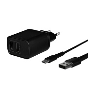 Сетевое зарядное устройство TFN WCRPD12W2U03 + кабель Type-C (2 USB+кабель USB Type-C/2.4A/12W/Smart IC) черное Чёрный